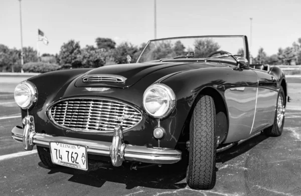 Chicago, Illinois, ABD - 08 Eylül 2024: Austin Healey 100-6 iki koltuklu üstü açılır araba, köşe manzaralı. Retro araba. Retro Austin Healey 100-6 numaralı araba. Chicago 'dan Austin Healey