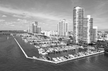 Yaz tatili. Lüks Güney Sahili marinası. Lüks bir yat. Miami güney sahili manzaralı. Yat kulübü. Marina Miami, Florida 'da. Biscayne Körfezi. Lüks yatı olan Miami marinası. Marina Limanı.