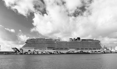 Miami, Florida, ABD - 03 Kasım 2024: gemi tatili ve deniz yolculuğu. Lüks yolcu gemisi. Gemi limanda. Norveç tekrarı. Gemi seyahati. Yaz tatilinde gemi turu..