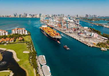 Miami, Florida, ABD - 12 Nisan 2025: MSC Susanna konteynır gemisi. Miami 'de konteynırlı kargo gemisi, hava manzaralı. Kargo gemisinde nakliye konteynırı. Kargo gemisi limandan ayrılıyor. Miami Limanı.