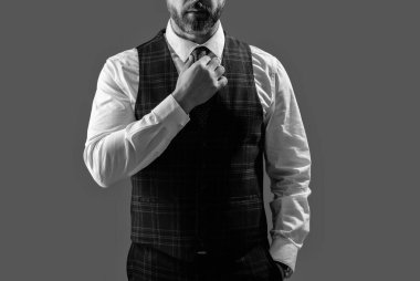 Gri kravatlı resmi takım elbise. Erkek giyim kuşamı. Bespoke takımı. Resmi erkek giyimi. Resmi aksesuarlar. Formalite icabı iş adamı. Kesik manzaralı. Zarif, özel dikim yelek giyen bir iş adamı..