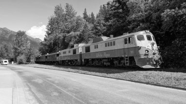 Skagway, Alaska, ABD - 07 Temmuz 2019: Demiryolu treni. Tren istasyonunda. Alaska 'da Yukon gezisi. Sahne Beyaz Geçidi Yukon Demiryolu, Skagway. Beyaz Geçit ve Yukon Demiryolu Treni.