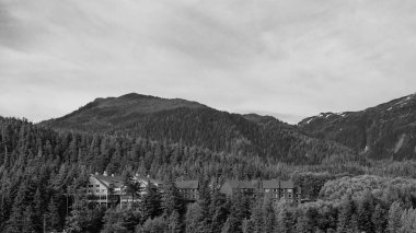 Ketchikan, Alaska, ABD - 26 Temmuz 2019: Dağ manzaralı köy binası. Alaska 'nın küçük bir kasabasının manzarası. Ormanlı bir şehir manzarası. Orman ve dağ kenti manzarası.
