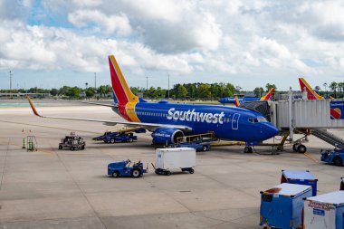 Orlando, Florida, USA - August 10, 2025: Southwest airline plane departure in airport. Airport terminal. Aviation. Plane arrival of Southwest airline. Departure and arrival at airport.