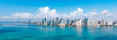 Panoramic view of Miami skyline. Panoramic cityscape of Brickell Miami. Skyscrapers of Brickell. Panoramic view of the Miami financial district. Panoramic aerial of Brickell in Miami Beach