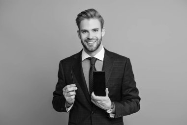 İş adamı iş için stilus dijital kalem ve telefon kullanıyor. Gri üzerinde izole edilmiş e-belge.