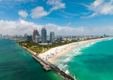 Miami Beach skyline aerial view. Miami city from drone. Tropical Miami scene. Miami district sky view. Famous oceanfront. Aerial Miamis coastline