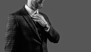 Zaman doldu. Gri üzerine izole edilmiş zarif bir iş adamı. Erkek aksesuarı. Kravatlı bir iş adamı lüks bir saat. Pahalı bir kol saati. Takım elbiseli adam ve saat. Zarif saat aksesuarı. Boşluğu kopyala.