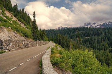 Dağ manzaralı bir yol. Dağ ve yol manzarası. Seyahat güzergahı. North Cascades Ulusal Parkı 'na peyzaj rotası. Sahne doğası. Kuzey Şelaleleri Ulusal Parkı. Vahşi macera.