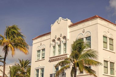 Miami sahilinin modern binası. Okyanus yolculuğu. Ocean Drive 'daki Miami South Beach. Art Deco mimarisi. Görkemli mimari bina. Art deco mimari bölgesi. Art Deco.