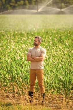 Sulama sisteminde tarımı sulayan bir adam. Çiftçi adam kırsalında. Su püskürtme sulama tarlası. Damlatma sulama sistemi. Ekin sulama. Tarım ve tarım. Toprak verimliliği.