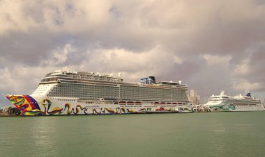 Miami, Florida, ABD - 03 Kasım 2024: Norveç yolcu gemisi yolculuğu. Yaz tatilinde gemi turu. Norveçli gemi şirketi. Gemi turu ve deniz seyahati. NCL Gemisi.