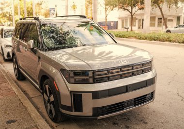 Miami, Florida, ABD - 08 Aralık 2024 Hyundai Santa Fe HEV Limited Cip. Hyundai Santa Fe HEV tipi bir araba. Hyundai 'nin arabası dışarıda park edilmiş. Hyundai Santa Fe, köşe manzaralı.