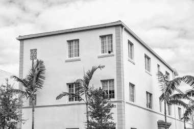 Mimari bölge Art Deco. Miami sahilinin modern pembe binası. Okyanus yolculuğu. Ocean Drive Florida 'daki Miami Plajı. Art Deco mimarisi. Mimari bina. Art deco.