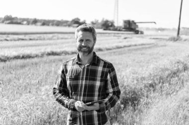 Tarlada tableti olan çiftçi tarımcı adam. Modern tarımın teknolojisi. Tarlada tabletle çalışan çiftçi. Tablet çekli İspanyol çiftçi. Hasat yönetimi.