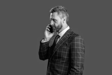 İş adamının Grey 'den izole edilmiş bir telefon görüşmesi var. Telefon kullanan bir iş adamı. Takım elbiseli bir adam telefonda konuşuyor. Telefonu olan orta yaşlı İspanyol işadamı. İş iletişimi.