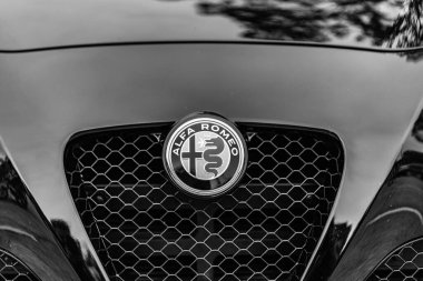 Chicago, Illinois - 29 Eylül 2024: 2015 Alfa Romeo 4C Coupe siyah rengi. P2015 Alfa Romeo 4C Coupe sokağa park etmiş. Ön manzara. 2015 Alfa Romeo 4C Coupe Chicago 'da