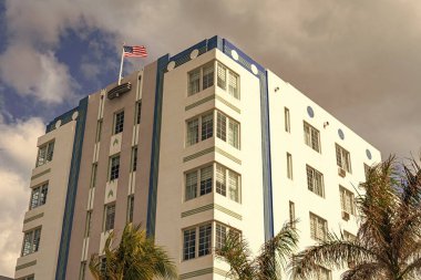 Tarih Bölgesi. Art deco mimari bölgesi. Art Deco. Miami sahilinin modern binası. Ocean Drive 'daki Miami South Beach. Art Deco mimarisi. Mimari bina. Seyahat ipuçları.