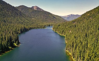 Cooper Gölü 'nün popüler doğa yürüyüşü. Cooper gölü ve dağ manzarası. Cooper Gölü 'nün dağ ve orman manzarası. Doğa manzarası. Washington 'daki Cooper Gölü. Huzurlu doğal güzellik.