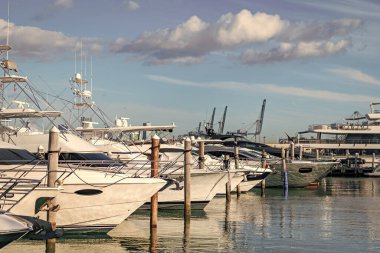 Yaz tatili. Lüks marina. Sefer teknesi denizde yüzüyor. Tekne turizmi. Deniz marinası. Lüks yat marinası. Lüks bir yat limanında. Lüks liman. Denizde motorlu tekne.