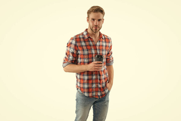 Morning coffee time. Lifestyle concept. Drinking espresso. Man drinking tea. Warm morning. Coffee break at home. Millennial man having coffee cup isolated on white. Good vibes.