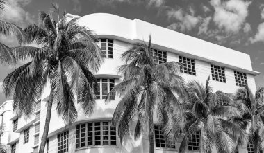 Mimari bina. Art deco tarihi bölge. Miami Beach, Florida 'nın modern binası. Okyanus yolculuğu. Ocean Drive Florida 'daki Miami South Beach. Art Deco mimarisi.