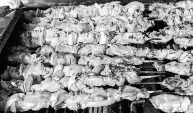 Sebzeli şiş kebap. Izgara barbekü domuz eti. Barbeküde şiş et pişiyor, Şiş lik. Şiş kebap şiş. Mangalda tavuk var. Izgara ızgara. Izgara tavuk şiş kebap..