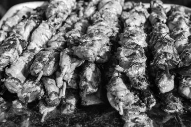 Mangalda tavuk var. Izgara ızgara. Izgara tavuk şiş kebap. Sebzeli şiş kebap. Izgara barbekü domuz eti. Barbeküde şiş et pişiyor, Şiş lik. Şiş kebap, şiş kebap.