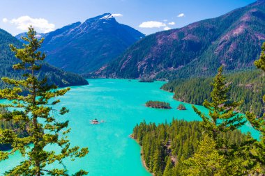 Doğa manzarası. Kuzey Cascades Ulusal Parkı 'ndaki Diablo Gölü. Diablo Gölü 'nün manzarası. Dağ manzaralı Diablo gölü. Peyzaj dağı ve Diablo gölü. Turistik bir yer.