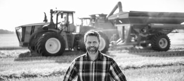 Hasat zamanı tarım buğdayı. Kırsal kesim. Ekin tarlasında tarım yapan adam. Olgun tarım. Sahadaki hasatçıyı. Çiftçi tarım uzmanı. Ekin hasadı. Çiftçi buğdayı kontrol ediyor. Deneyimli çiftçi.