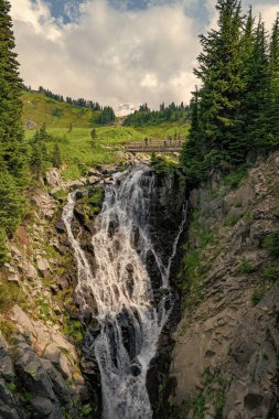 Şelale manzarası. Doğa seyahati. Şelale yolu. Seyahat güzergahı. Myrtle şelale rotasını takip ediyor. Rainier Dağı ulusal park dağ doğa manzarası.