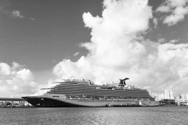 Miami, Florida, ABD - 03 Kasım 2024: Gemi turu ve deniz yolculuğu. Miami sahil limanında gemi. Karnaval Horizon yolcu gemisi yolculuğu. Yaz tatilinde gemi turu. Karnaval Gemi Gemisi.