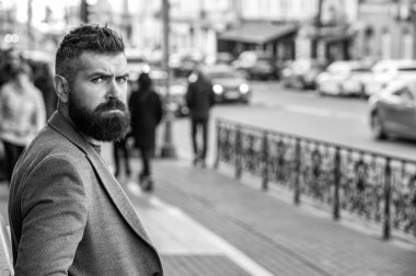 Sakallı adam işe gidiyor. Sokaklarda iş adamıyım. Şehir merkezindeki iş adamı. Tarz sahibi iş adamı caddeden karşıya geçiyor, yaşam tarzı. Şehir tarzı. Şehir sokağı ve şık bir adam. Boşluğu kopyala.