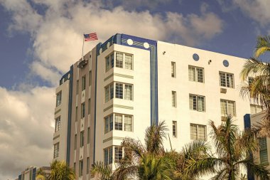Art Deco. Miami sahilinin lüks binası. Okyanus yolculuğu. Ocean Drive 'daki Miami South Beach. Art Deco mimarisi. Mimari bina. Tarih Bölgesi. Art deco mimari bölgesi.