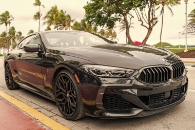 Miami, Florida, ABD - 10 Aralık 2024: siyah 2019 BMW M850 Gran Turismo arabası. BMW M850 Gran Turismo tipi lüks bir araba. BMW M850 'nin arabası dışarıda park edilmiş. BMW M850, köşe görünümü.