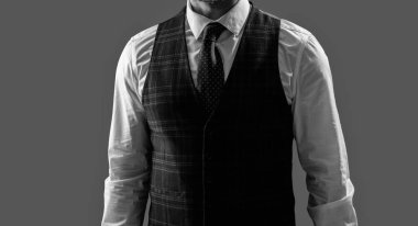 Formalite icabı iş adamı. Kesik manzaralı. Zarif terzilik yeleği giymiş bir iş adamı. Resmi takım elbise ve kravat izole edilmiş. Erkek giyim kuşamı. Bespoke takımı. Resmi erkek giyim konsepti. Terzi Giysileri.