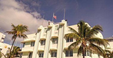 Art deco mimari bölgesi. Art Deco. Miami sahilinin modern binası. Okyanus yolculuğu. Ocean Drive 'daki Miami South Beach. Art Deco mimarisi. Mimari bina. Tarihi Bölge.