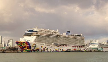 Miami, Florida, ABD - 03 Kasım 2024: Norveç yolcu gemisi yolculuğu. Yaz tatilinde gemi turu. Norveçli gemi şirketi. Gemi turu ve deniz seyahati. NCL Gemisi.