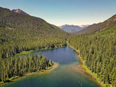 Washington 'daki Cooper Gölü. Cooper Gölü 'nün popüler doğa yürüyüşü. Cooper gölü ve dağ manzarası. Cooper Gölü 'nün dağ ve orman manzarası. Doğa manzarası. Yeşil tepeler.