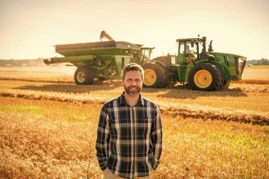 Buğday tarlasında çiftçi. Hasat ve çiftçilik. Tarlada çiftçi. İspanyol çiftçi tarla hasadını kontrol ediyor. Tarımcı çiftçi adam. Ürün koruması. Tarım çiftliği. Organik tarım.