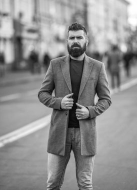 Sokak tarzı giyinen sakallı adam. Şehirdeki iş adamı. Şehir sokağında iş adamıyla. Erkek tarzı. Sıradan bir iş tarzında şık bir adam. Sakallı işadamı..