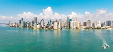 Panoramic view of Miami skyline. Panoramic cityscape of Brickell Miami. Skyscrapers of Brickell. Panoramic view of the Miami financial district. Panoramic aerial of Brickell in Miami Beach
