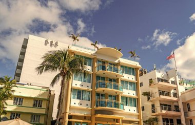 Mimari bina. Art deco mimari bölgesi. Art Deco. Miami sahilinin modern binası. Okyanus yolculuğu. Ocean Drive 'daki Miami South Beach. Art Deco mimarisi. Güney Sahili.