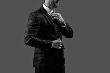 Gri kravatlı resmi takım elbise ceketi. Takım elbiseli bir iş adamı. Bespoke takımı. Resmi erkek giyim konsepti. Formalite icabı giyinmiş bir adam. Şık takım elbiseli bir iş adamı..