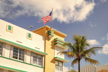 Mimari bina. Art deco mimari bölgesi. Art Deco. Miami sahilinin modern binası. Okyanus yolculuğu. Ocean Drive 'daki Miami South Beach. Art Deco mimarisi. Güney Sahili.