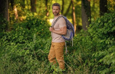 Sırt çantalı bir gezgin. Yürüyüş macerası. Seyahat yaşam tarzı. Kırsalda yürüyüş yapan bir adam. Ormandaki İspanyol adam. Ormanda yürüyüş yapan sırt çantalı bir yürüyüşçü. Erkek yürüyüşçü ormanda yürüyor. Kamp malzemeleri.