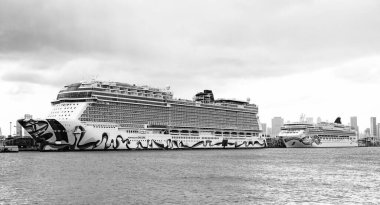 Miami, Florida, ABD - 4 Kasım 2024: Norveç Tekrar ve Jade yolcu gemisi yolculuğu. Yaz tatilinde gemi turu. Norveçli gemi şirketi. Gemi turu ve deniz seyahati. NCL Gemisi.