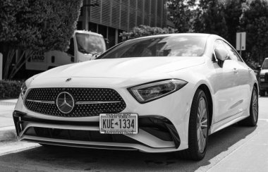 Miami, Florida, ABD - 11 Aralık 2024 Mercedes Benz C257 lüks sedan. Beyaz Mercedes Benz C257 tipi lüks bir sedan araba. Mercedes Benz 'in arabası dışarıda park edilmiş. Mercedes Benz C257, köşe manzaralı..