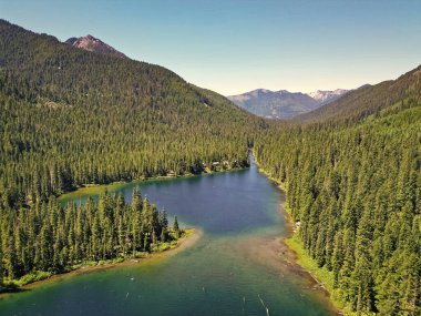 Cooper gölü ve dağ manzarası. Cooper Gölü 'nün dağ ve orman manzarası. Doğa manzarası. Washington 'daki Cooper Gölü. Cooper Gölü 'nün popüler doğa yürüyüşü.