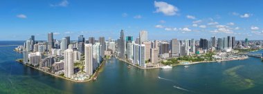 Panoramic view of Miami skyline. Panoramic cityscape of Brickell Miami. Skyscrapers of Brickell. Panoramic view of the Miami financial district. Panoramic aerial of Brickell in Miami Beach
